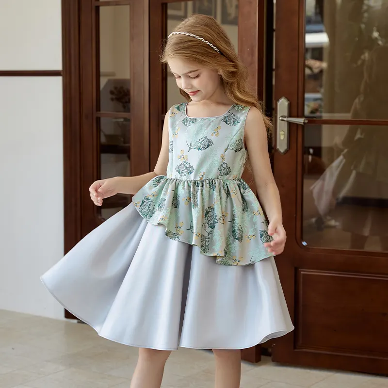 Жаккардовое платье с цветочным принтом для маленьких девочек, новое платье с зонтиком и высокой низкой юбкой, 2024 новейшая коллекция праздничной одежды