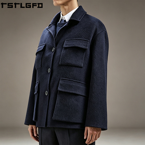 Manteau en mélange de laine personnalisé pour homme, bleu marine, col ouvert, quatre poches, coupe-vent, streetwear, vêtements d'extérieur, fabricants en gros - Product Image 4