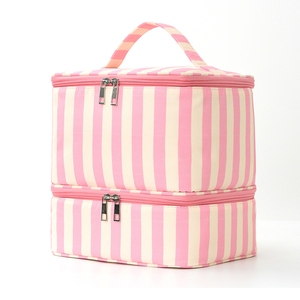 Trousse de Maquillage Multifonctionnelle Double Couche à Rayures Tendance, Grande Capacité, pour Vernis à Ongles et Articles de Toilette - Product Image 2