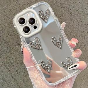 Nuova Custodia di Lusso 3D Plissettata Elettroplaccata a Specchio a Forma di <span class=keywords><strong>Cuore</strong></span> per <span class=keywords><strong>iPhone</strong></span> 16 15 14 Pro Max con Cornice <span class=keywords><strong>Bianco</strong></span> Crema - Product Image 5