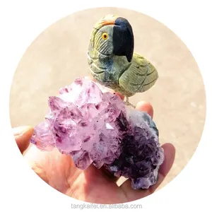 Hand Carved Natural Amethyst Cluster Crystal Carving Animal Soapstone Parrot