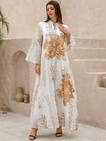 Abaya Modeste pour Femme à Motifs Floraux et Géométriques, Faite à la Main en Polyester Anti-Boulochage avec Jupe à Paillettes Brûlées, Style Musulman