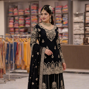Ensemble de vêtements de mariage traditionnels indiens pakistanais pour femmes, en soie noire brodée, longueur au sol, avec travail au fil d'or - Product Image 1