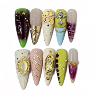 Ongles à presser longs et pointus faits à la main, motif croix chromée argentée, relief chaîne de perles 3D, ongles bijoux gothiques de luxe en gros