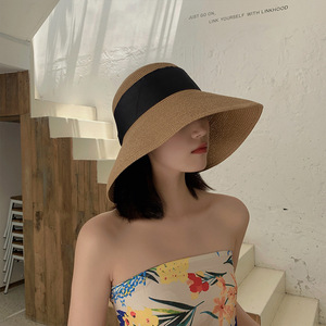 <span class=keywords><strong>Sombrero</strong></span> de paja con lazo para mujer y niña, gorro de paja con lazo de ala ancha para playa y sol, gorra de Panamá plegable - Product Image 3