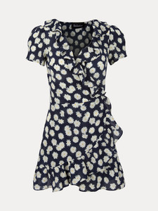 Vestido Cruzado <span class=keywords><strong>de</strong></span> Gasa Azul Marino con Estampado <span class=keywords><strong>de</strong></span> Margaritas, Cuello Drapeado, Manga Corta, Largo hasta la Rodilla, con Volantes, Fabricante <span class=keywords><strong>de</strong></span> <span class=keywords><strong>Vestidos</strong></span> Personalizados, Marca Privada - Product Image 2