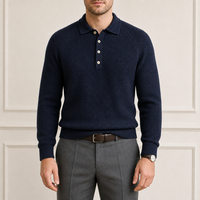 Pull en maille torsadée classique pour homme avec logo personnalisé, col montant, coupe ample, style polo