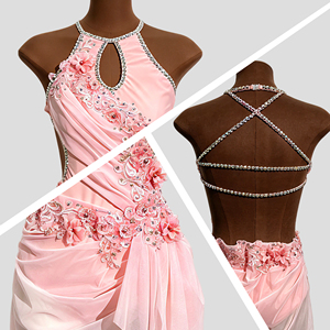 Vestido de Danza Lírica Rosa con Cuello Halter, Bordado con Pedrería, para Gimnasia Rítmica, Ballet y Actuaciones Contemporáneas - Product Image 2