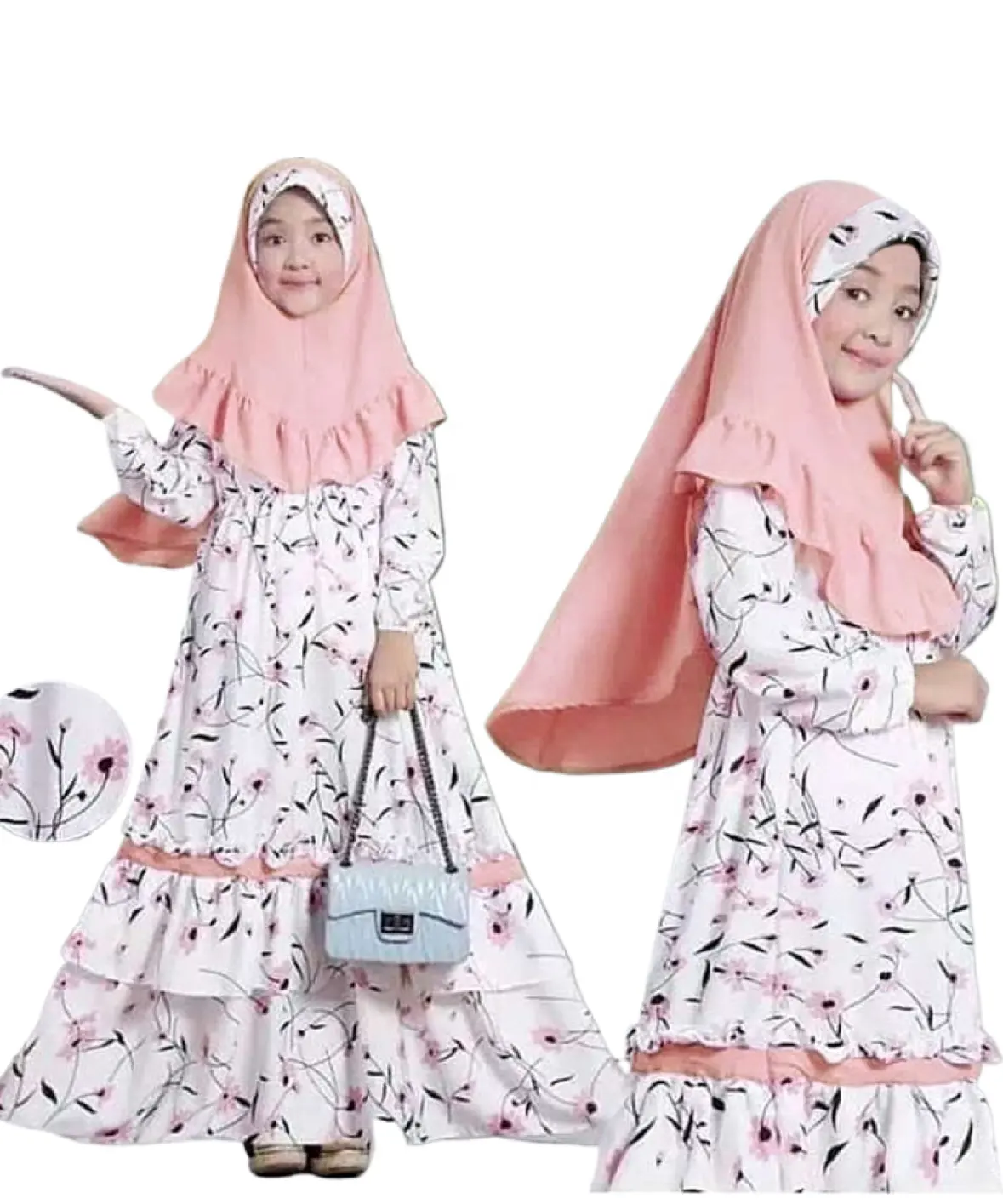 Muslim Children Kids Girls Hijab Dress Set Prayer Dresses Suit Islamic Arab Baby Robe Sets C0097