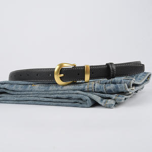 Ceinture de luxe en cuir véritable motif litchi de 2,3 cm <span class=keywords><strong>pour</strong></span> femme, boucle dorée mate vintage, ceinture fine grainée <span class=keywords><strong>pour</strong></span> jeans et robes - Product Image 3