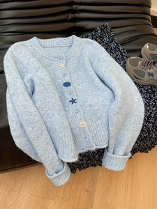 Cardigan en maille effet <span class=keywords><strong>mohair</strong></span> duveteux pour femme, col rond, manches longues, avec breloques étoiles <span class=keywords><strong>de</strong></span> mer, 71 % mélange <span class=keywords><strong>de</strong></span> polyester, pull d'hiver - Product Image 3