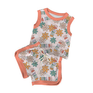 Set di <span class=keywords><strong>Abbigliamento</strong></span> Estivo Personalizzato per Bambine, Due Pezzi Senza Maniche, Canotta e Pantaloncini con Stampa Floreale e Sorriso - Product Image 3