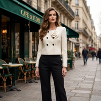 Jaket Tweed Mewah Double-Breasted Warna Ivory Wanita Blazer Tipis Bahan Boucle Bros Bunga Besar Gaya Paris Musim Semi Anti-Kusut