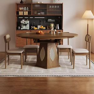 Nordic Modern Extendable Dining Table Rattan-<strong>Inlaid</strong> Pedestal Base Solid <strong>Wood</strong> Waterproof Assembled for Home Hotel Dining Room - Product Image 4