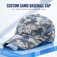 Casquette de baseball camouflage personnalisée 6 panneaux, imprimé intégral, en sergé de coton, avec logo brodé et visière pré-courbée pour marque privée