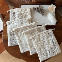 Pochette à maquillage en coton jacquard à dentelle, rangement pour bijoux, organisateur vintage, cadeau, bohème, abricot, broderie, cordon de serrage
