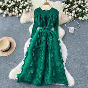 Vestido midi plisado elegante de primavera con cuello redondo, tejido transpirable, antiestático, corte A, ajustado, para mujer, cintura imperio, encaje 3D - Product Image 2