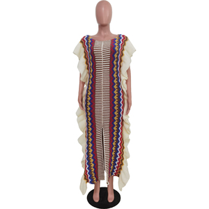 Abito Lungo Sexy con <span class=keywords><strong>Maniche</strong></span> <span class=keywords><strong>Corte</strong></span> Arricciate, Lavorato a <span class=keywords><strong>Maglia</strong></span>, Stampa a Righe e Spacco - Product Image 6