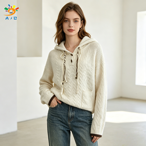 AJB Vente en gros <span class=keywords><strong>Pull</strong></span> tricoté à col en V et à <span class=keywords><strong>capuche</strong></span> pour <span class=keywords><strong>femme</strong></span>, coupe ample, avec boutons et lanières décoratives, collection Automne Hiver 2026, style décontracté - Product Image 1