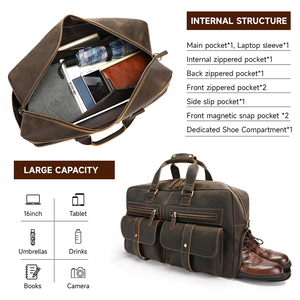 Bolsa de Viaje de Fin de Semana de Cuero MARRANT con Compartimento para Zapatos, Bolsa de Viaje Impermeable de Cuero Genuino, Bolsas de Lona de Cuero para Hombre - Product Image 3