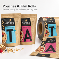 Emballage personnalisé pour flocons d'avoine, sachet écologique à fond plat, sac en papier kraft recyclable, sachets et rouleaux de film de qualité supérieure, film aluminium à l'intérieur du sachet