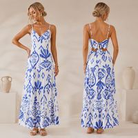 Robe longue d'été 2026 bleue et blanche à imprimé Ikat pour femme, style australien, avec bretelles spaghetti, col en V, dos nu, nœud et volants, idéale pour la plage