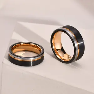 แหวนหมั้นสีหรูขายส่งร่องทังสเตนคาร์ไบด์สีโรสโกลด์เครื่องประดับแหวนแต่งงานสีดำ