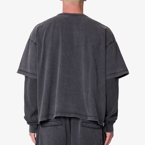 เสื้อยืดโอเวอร์ไซส์แขนยาวสองชั้นผ้าวาฟเฟิลแบบวินเทจสำหรับผู้ชาย ซักแล้ว ทรงหลวม รับผลิตตามแบบ OEM - Product Image 3