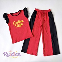 Ensemble de vêtements décontractés pour enfants personnalisé, haut à manches bouffantes en coton, pantalon large à blocs de couleur, tenue de jeu en plein air pour enfants