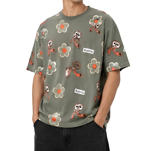 เสื้อยืดผู้ชายผ้าฝ้ายคุณภาพสูงเนื้อหนา พิมพ์ลายกระต่ายดอกไม้ทั่วตัว ทรงโอเวอร์ไซส์ ไหล่ตก สไตล์สตรีทแวร์ - Product Image 2