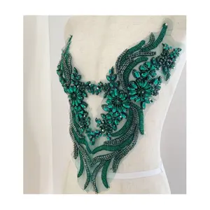 Aplique de diamantes de imitación verde esmeralda de afinidad para vestido, alta costura, traje de baile, aplique de diamantes de imitación hechos a mano