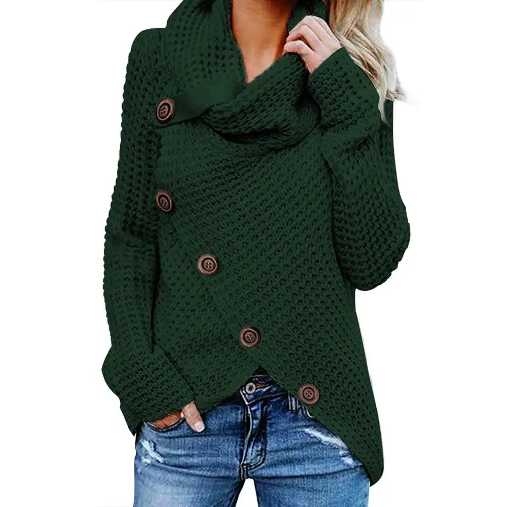 Autumn and winter solid color thick sweater new single row diagonal buckle long sleeve asymmetric sweater women's clothing