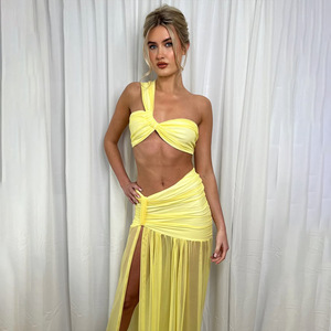 JULISSA MO Women's <b>Two</b> <b>Piece</b> <b>Set</b> Yellow <b>Mesh</b> Bodycon Skirt Long Sleeveless Crop Top Leisure Wear - Product Image 2