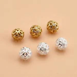 Gold Plating 925 Sterling Silver CZ Zircon Hollow Round Charm Beads For Jewelry Making Accessories Wholesale