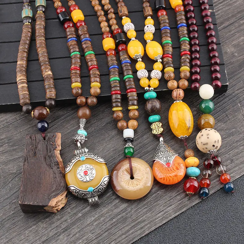 new Vintage Ethnic Style Lotus Ox Horn Wood beaded Stone Pendants & Necklaces Statement Nepal Necklace for Women Men