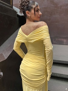 Women's New Fashion Yellow Casual Dress-One Shoulder Slim Long Elegant Maxi Natural Waistline-for Winter Spring Summer Autumn - Product Image 4