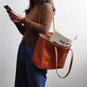 Women's Top Grain Cowhide Tote <b>Bag</b> Brown Large Capacity Minimalist Style Everyday Use - Product Image 2