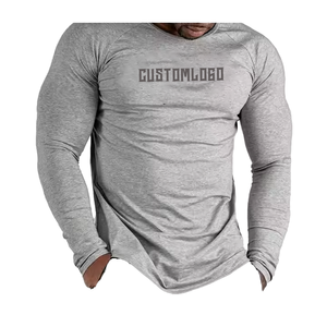 T-shirt de gymnastique à manches longues personnalisable pour hommes respirant 220g coton coupe ajustée style de rue motif solide tricoté - Product Image 4