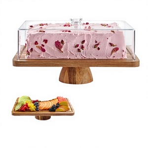 Dishwasher Safe Rectangular Charcuterie <b>Board</b> Dessert Display Acacia Wood <b>Cake</b> Stand Acrylic Lid - Product Image 1