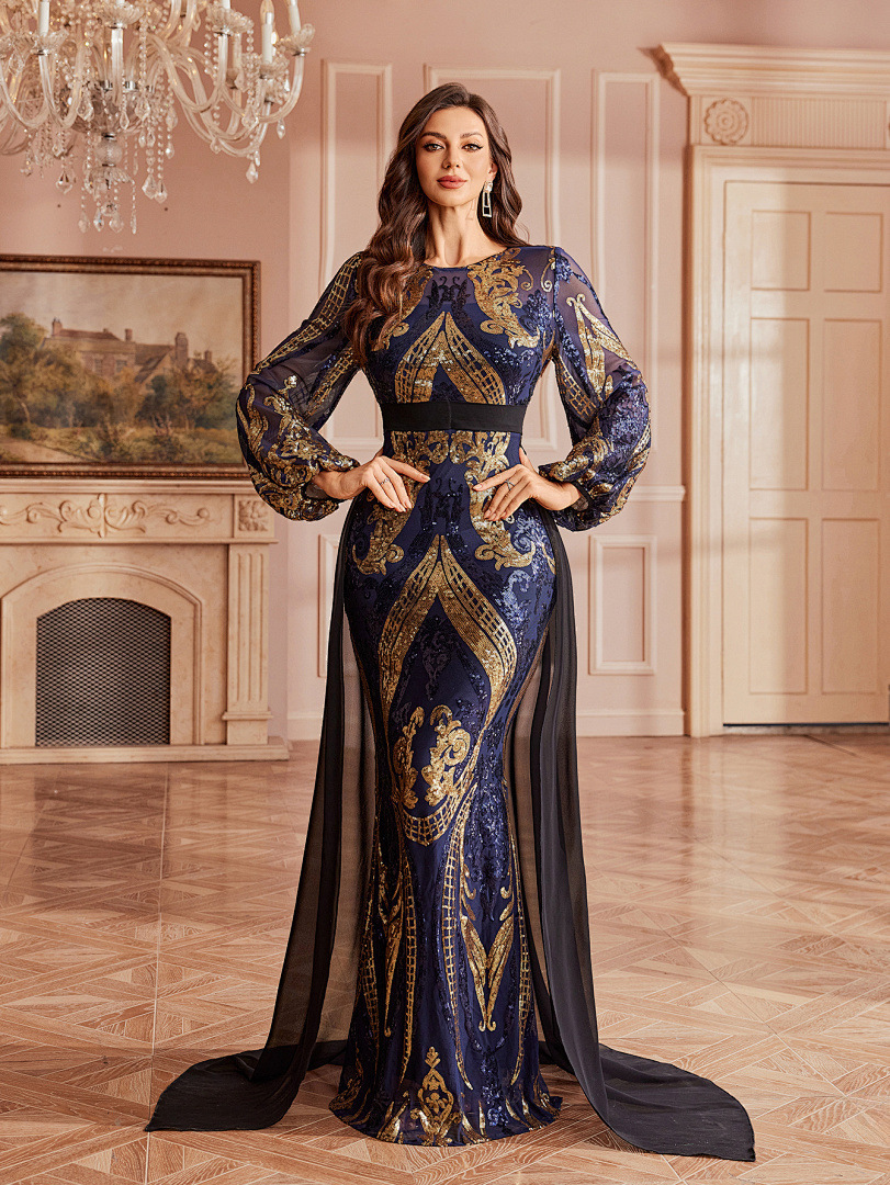 Luxury Navy Blue Gold Embroidered Mermaid Evening Dress, Long Sleeve Party Gown