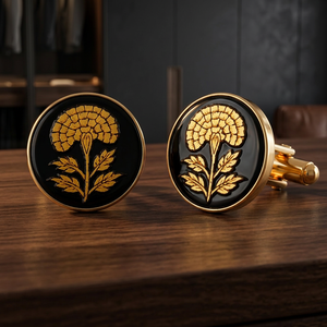 Boutons en laiton émaillé faits à la main - Motif fleur de souci dorée, base noire, finition dorée, fabriqués au Rajasthan pour hommes, idéal pour les fêtes d'anniversaire - Product Image 4