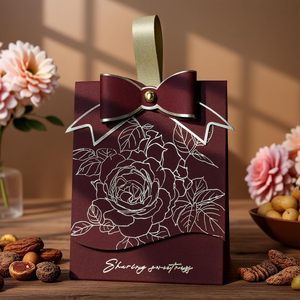 Boîte à bonbons élégante avec motif de rose et nœud, boîte à bonbons portable, boîte cadeau pour fête de fin d'année, bonbonnière (Bourgogne) - Product Image 2