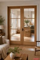 Porte coulissante encastrée de style français CBMmart, luxe sur mesure, en chêne clair avec verre dépoli, style français.