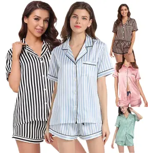 wholesale spring summer 2 piece stripe custom ladies homewear silk pyjama women's sleepwear luxury satin pajama suit