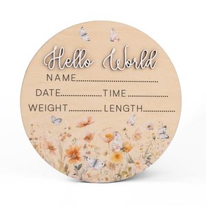 Panneau d'annonce de naissance « Hello World » Papillon, accessoire photo nouveau-né motif fleurs sauvages, disque de révélation du nom en bois de 15 cm et cadeau de naissance - Product Image 5