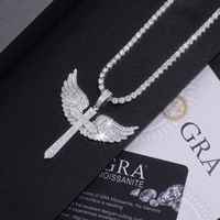 925 argent Sterling à la mode ailes d'ange Moissanite croix pendentif bijoux plaqué or glacé pavé luxe Hip Hop hommes collier