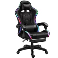 Chaise de jeu de course en cuir PU noir en gros avec LED RGB, chaise de bureau bon marché pour ordinateur PC, fauteuil inclinable de jeu avec lumières et repose-pieds