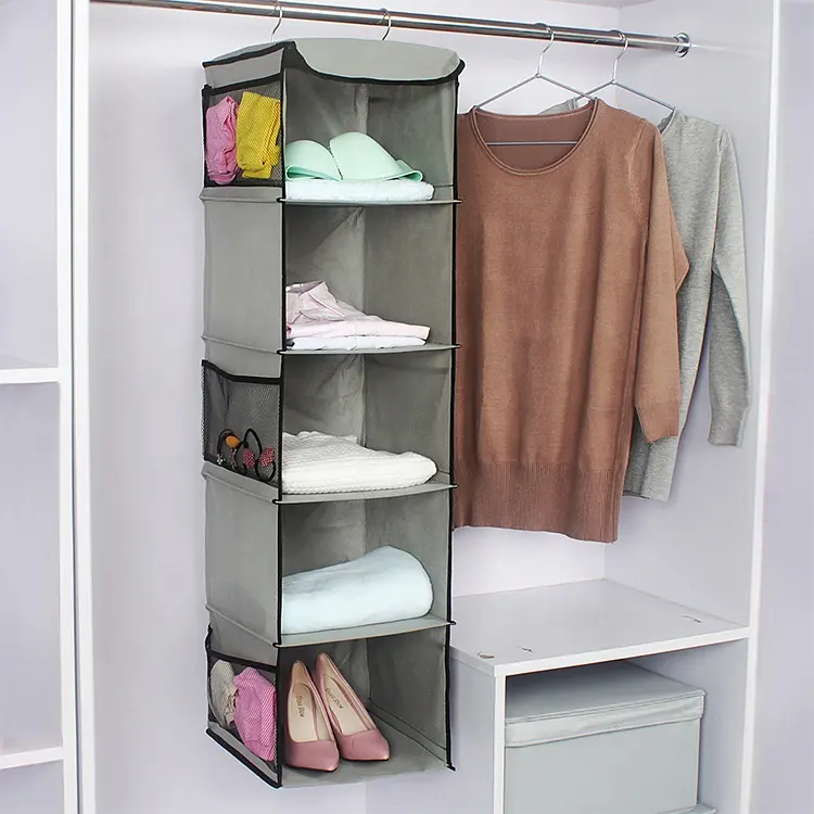 Dapat Digunakan Kembali Menggantung 5-Shelf Organizer Dilipat dengan Pegangan untuk Pakaian Sepatu Tas Penyimpanan