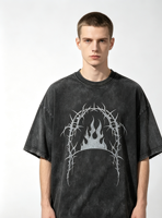 T-shirt homme 100% coton épais, personnalisé avec impression numérique Kornit, style gothique, motif épines et flammes, effet vieilli, délavé à l'acide et pulvérisé, vintage
