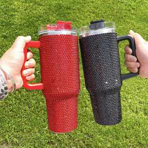 Lot de 2 gobelets isothermes 40oz personnalisables avec logo, multicolores, entièrement recouverts de strass, avec poignée, couvercle et paille - Product Image 3